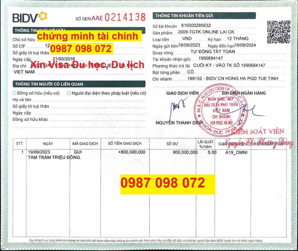 chứng minh tài chính, cho thê sổ tiết kiệm